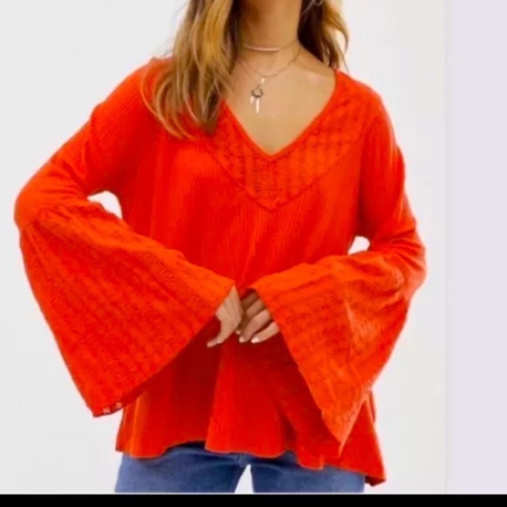 $88 Free People Parisian Red Eyelet S boho lace V Neck Puff Sleeve top Nwot fall